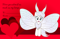 Size: 3156x2028 | Tagged: safe, artist:badumsquish, derpibooru exclusive, imported from derpibooru, oc, oc only, oc:flūf, insect, moth, mothpony, original species, pony, antennae, cheek fluff, chest fluff, cute, female, fluffy, flying, heart, holiday, looking at you, neck fluff, ocbetes, smiling, solo, spread wings, valentine, valentine's day, valentine's day card, weapons-grade cute, wings