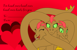 Size: 3156x2028 | Tagged: safe, artist:badumsquish, derpibooru exclusive, imported from derpibooru, oc, oc only, oc:matchˏ panˏ and serpentine, hydra, pony, fangs, grin, heart, holiday, long neck, looking at you, multiple heads, open mouth, prehensile neck, smiling, solo, tail wag, valentine, valentine's day, valentine's day card