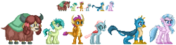 Size: 854x222 | Tagged: safe, artist:akumath, imported from derpibooru, gallus, ocellus, sandbar, silverstream, smolder, yona, changedling, changeling, classical hippogriff, dragon, earth pony, griffon, hippogriff, pony, yak, dragoness, female, male, pixel art, simple background, sprite, student six, transparent background