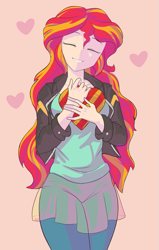 Size: 687x1080 | Tagged: safe, artist:thebrokencog, imported from derpibooru, sunset shimmer, human, equestria girls, box of chocolates, cute, eyes closed, female, heart, holiday, human coloration, humanized, pink background, shimmerbetes, simple background, smiling, solo, valentine's day