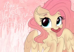 Size: 1446x1023 | Tagged: safe, artist:janelearts, imported from derpibooru, fluttershy, pegasus, pony, cheek fluff, cute, ear fluff, female, heart, holiday, looking at you, mare, mouth hold, neck fluff, shyabetes, smiling, solo, spread wings, three quarter view, valentine's day, valentine's day card, wings