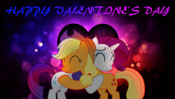 Size: 3840x2160 | Tagged: safe, artist:ejlightning007arts, imported from derpibooru, applejack, rarity, earth pony, pony, unicorn, applejack's hat, cowboy hat, cute, eyes closed, female, hat, heart, hearts and hooves day, holiday, hug, lesbian, ponytail, rarijack, shipping, valentine's day