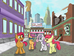 Size: 1280x973 | Tagged: safe, artist:keenkris, imported from derpibooru, apple bloom, babs seed, scootaloo, sweetie belle, earth pony, pegasus, pony, unicorn, city, crystaller building, cutie mark crusaders, female, filly, glasses, manehattan, ruins, salon, scissors