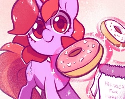 Size: 1668x1319 | Tagged: safe, artist:dawnfire, imported from derpibooru, oc, oc only, oc:dawnfire, pony, unicorn, abstract background, cute, donut, female, food, looking at you, magic, mare, ocbetes, paper bag, smiling, solo, telekinesis, ¿quieres?