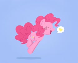 Size: 2408x1960 | Tagged: safe, artist:ryuyo, imported from derpibooru, pinkie pie, earth pony, pony, blue background, blushing, cute, diapinkes, eyes closed, female, heart, mare, open mouth, pictogram, profile, simple background, solo, speech bubble