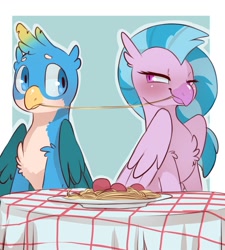 Size: 1800x2000 | Tagged: safe, artist:elijah, imported from derpibooru, gallus, silverstream, griffon, hippogriff, aside glance, beak, bedroom eyes, blushing, chest fluff, cute, eye contact, female, food, frown, gallstream, lady and the tramp, looking at each other, male, meatball, meatballs, nervous, noodles, pasta, shipping, shoulder fluff, sideways glance, sitting, smiling, spaghetti, spaghetti scene, straight, table, this will end in kisses, this will end in snu snu, wide eyes, wings, worried