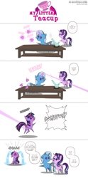 Size: 1764x3566 | Tagged: safe, artist:perfectblue97, imported from derpibooru, starlight glimmer, trixie, twilight sparkle, alicorn, pony, unicorn, accident, censored vulgarity, comic, crying, cup, drunk, female, grawlixes, mare, ocular gushers, out of character, pointy ponies, speech bubble, teacup, that pony sure does love teacups, twilight sparkle (alicorn), vulgar