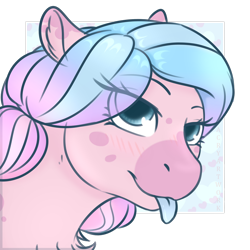 Size: 1280x1280 | Tagged: safe, artist:acry-artwork, imported from derpibooru, oc, oc only, oc:bubblegum swirl, earth pony, pony, blue tongue, blushing, solo, tongue out