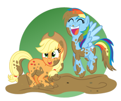 Size: 1280x1069 | Tagged: safe, artist:tenderrain-art, artist:tenderrain46, imported from derpibooru, applejack, rainbow dash, earth pony, pegasus, pony, eyes closed, female, jumping, mare, mud, open mouth, simple background, smiling, transparent background