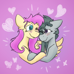 Size: 1000x1000 | Tagged: safe, artist:antimationyt, imported from derpibooru, fluttershy, marble pie, earth pony, pegasus, pony, blushing, bust, eye contact, female, heart, holding hooves, hug, lesbian, looking at each other, marbleshy, mare, one eye closed, one wing out, shipping, smiling, stray strand, winghug, wings