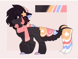 Size: 1600x1221 | Tagged: safe, artist:little-sketches, artist:php146, imported from derpibooru, oc, oc only, oc:akatsuki, original species, pony, suisei pony, chest fluff, closed species, clothes, color palette, ethereal mane, male, reference sheet, scarf, simple background, solo, starry mane, stars