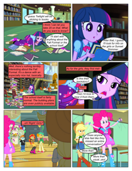 Size: 612x792 | Tagged: safe, artist:greatdinn, artist:newbiespud, edit, edited screencap, imported from derpibooru, screencap, applejack, pinkie pie, snails, snips, sunset shimmer, twilight sparkle, comic:friendship is dragons, equestria girls, equestria girls (movie), all fours, balloon, book, clipboard, clothes, collaboration, comic, cutie mark, cutie mark on clothes, dialogue, eyes closed, female, gym, hat, library, male, screencap comic, skirt