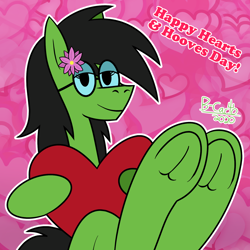 Size: 1500x1500 | Tagged: safe, artist:b-cacto, imported from derpibooru, oc, oc only, oc:prickly pears, pony, bedroom eyes, fetish, flower, flower in hair, glasses, heart, hearts and hooves day, hoof fetish, looking at you, underhoof