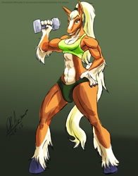 Size: 1006x1280 | Tagged: safe, artist:thebigbadwolf01, imported from derpibooru, oc, oc only, oc:annabelle, anthro, earth pony, unguligrade anthro, abs, bra, clothes, dumbbell (object), earth pony oc, female, futa, gradient mane, intersex, muscles, signature, solo, underwear, unshorn fetlocks, weight lifting, weights