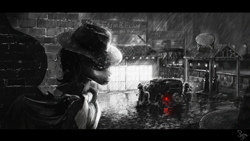 Size: 2000x1125 | Tagged: safe, artist:nemo2d, imported from derpibooru, oc, oc only, bat pony, pony, bat pony oc, car, monochrome, neo noir, noir, partial color, rain