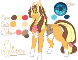 Size: 995x768 | Tagged: safe, artist:malinraf1615, imported from derpibooru, oc, oc only, oc:lylianne, earth pony, pony, bow, coat markings, female, freckles, hair ribbon, mare, neckerchief, next generation, offspring, pale belly, parent:applejack, parent:caramel, parents:carajack, pouch, reference sheet, simple background, socks (coat marking), socks (coat markings), solo, tail bow, transparent background, watermark