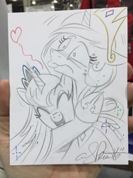 Size: 768x1024 | Tagged: safe, artist:andypriceart, imported from derpibooru, princess celestia, princess luna, alicorn, pony, andy price is trying to murder us, cute, duo, duo female, eyes closed, female, floating heart, heart, hug, lunabetes, mare, open mouth, pencil drawing, royal sisters, sibling love, siblings, sisterly love, sisters, tongue out, traditional art