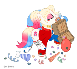 Size: 1401x1259 | Tagged: safe, artist:_vodka, imported from derpibooru, oc, oc only, oc:har-harley queen, earth pony, pony, balloon, briefcase, choker, clothes, confetti, ear piercing, earring, eyes closed, eyeshadow, female, fishnets, harley quinn, hat, jacket, jewelry, makeup, mare, mouth hold, multicolored hair, party hat, piercing, raised hoof, raised leg, roller skates, simple background, solo, stockings, tattoo, thigh highs, transparent background, varsity jacket, ych result