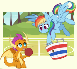 Size: 1200x1084 | Tagged: safe, artist:higgly-chan, imported from derpibooru, rainbow dash, smolder, dragon, pegasus, pony, basket, buckball, buckbasket, bushel basket, cute, dragoness, duo, female, flying, looking at each other, mare, open mouth, outdoors, sitting, smiling, smolderbetes, spread wings, wings