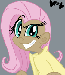 Size: 474x549 | Tagged: safe, artist:mirabuncupcakes15, imported from derpibooru, fluttershy, human, a bird in the hoof, always works, clothes, dark skin, dreamworks face, female, gray background, grin, humanized, raised eyebrow, scene interpretation, simple background, smiling, solo, sweater