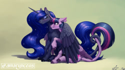 Size: 2400x1350 | Tagged: safe, artist:amarynceus, imported from derpibooru, princess luna, twilight sparkle, alicorn, classical unicorn, pony, unicorn, blushing, cloven hooves, dappled, ear fluff, female, hug, intertwined tails, leonine tail, lesbian, mare, shipping, sitting, tail, twilight sparkle (alicorn), twiluna, unshorn fetlocks, winghug