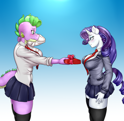 Size: 700x681 | Tagged: safe, artist:pia-sama, imported from derpibooru, rarity, spike, anthro, dragon, unicorn, barb, barity, big breasts, box of chocolates, breasts, busty barb, busty rarity, clothes, dragoness, female, half r63 shipping, holiday, lesbian, lizard breasts, miniskirt, rule 63, school uniform, shipping, skirt, sparity, thighs, u.a. high school uniform, valentine's day, zettai ryouiki