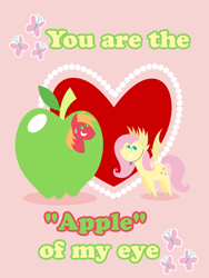 Size: 2160x2880 | Tagged: safe, anonymous artist, imported from derpibooru, big macintosh, fluttershy, pony, series:fm holidays, apple, clothes, costume, female, flutterbat costume, fluttermac, food, giant food, heart, holiday, looking at each other, male, nervous grin, pointy ponies, pun, shipping, straight, sweat, sweatdrop, valentine, valentine's day, valentine's day card, visual pun