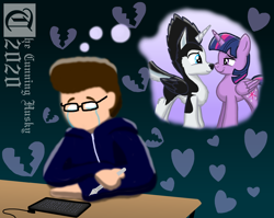 Size: 2258x1800 | Tagged: safe, artist:mrchaosthecunningwlf, artist:ponyvillechaos577, imported from derpibooru, twilight sparkle, oc, oc:frost cloud, alicorn, dog, human, husky, hybrid, pony, alicorn oc, boop, canon x oc, crossbreed, daydream, depressed, drawing tablet, explanation in the description, fantasy, female, hearts and hooves day, holiday, horn, lonely, male, mare, sad, twifrost, twilight sparkle (alicorn), valentine's day, vent art