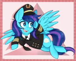 Size: 2600x2100 | Tagged: safe, artist:higgly-chan, imported from derpibooru, oc, oc only, oc:cirrus updraft, pegasus, pony, blue eyes, blushing, clothes, commission, delta airlines, female, flying, hat, high res, mare, necktie, pegasus oc, pilot, salute, simple background, smiling, solo, uniform, wings