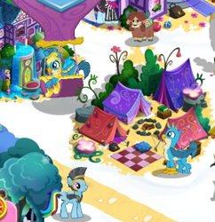 Size: 437x452 | Tagged: safe, imported from derpibooru, commander hurricane, gallus, photo finish, rainbow dash, yona, griffon, pony, yak, the last problem, campsite, gameloft, gameloft shenanigans, hot air balloon, older, older gallus, picnic blanket, royal guard gallus, self griffondox, tent