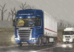 Size: 2480x1726 | Tagged: safe, artist:orang111, imported from derpibooru, oc, oc:lynn, pony, unicorn, female, horn, kamaz, rain, scania, semi truck, truck, trucker