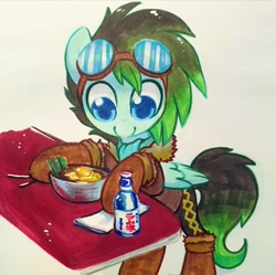 Size: 1440x1434 | Tagged: safe, artist:dawnfire, imported from derpibooru, oc, oc only, oc:gryph xander, pegasus, pony, boots, chopsticks, copic, folded wings, food, goggles, male, noodles, ramen, ramune, shoes, solo, stallion, traditional art, wings