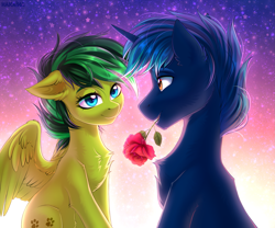 Size: 2427x2019 | Tagged: safe, artist:hakaina, imported from derpibooru, oc, oc only, oc:aura skye, oc:evergreen feathersong, pegasus, pony, unicorn, chest fluff, flower, flower in mouth, mouth hold, rose, rose in mouth, ych result