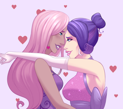 Size: 1400x1251 | Tagged: safe, artist:emberfan11, imported from derpibooru, fluttershy, rarity, human, alternate hairstyle, armpits, blushing, clothes, dark skin, dress, ear piercing, earring, evening gloves, eyeshadow, female, flarity, gloves, heart, holiday, humanized, jewelry, lesbian, lipstick, long gloves, makeup, piercing, shipping, valentine's day