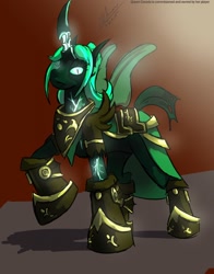 Size: 1006x1280 | Tagged: safe, artist:thebigbadwolf01, imported from derpibooru, oc, oc only, oc:queen ceceda, changeling queen, pony, armor, boots, changeling queen oc, clothes, glowing horn, green changeling, horn, raised hoof, scar, shoes, signature, slit eyes, slit pupils, solo