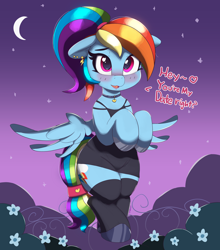 Size: 4304x4892 | Tagged: safe, artist:pabbley, imported from derpibooru, rainbow dash, pegasus, pony, absurd resolution, adorasexy, alternate hairstyle, beautiful, beautisexy, black dress, blind date, blushing, choker, clothes, crescent moon, cute, daaaaaaaaaaaw, dashabetes, date night, dialogue, dress, ear piercing, eyelashes, female, flying, heart, heart eyes, hoof polish, hooves to the chest, little black dress, looking at you, mare, moon, night, piercing, ponytail, rainbow dash always dresses in style, see-through, sexy, shoes, socks, solo, stars, stupid sexy rainbow dash, tail wrap, thigh highs, tomboy taming, wingding eyes, zettai ryouiki