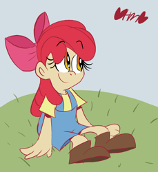 Size: 734x800 | Tagged: safe, artist:mirabuncupcakes15, imported from derpibooru, apple bloom, human, apple bloom's bow, boots, bow, clothes, female, grass, hair bow, hill, humanized, overalls, shirt, shoes, sitting, solo, t-shirt