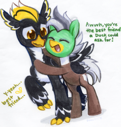 Size: 2004x2106 | Tagged: safe, artist:dawnfire, imported from derpibooru, oc, oc only, oc:duk, oc:ping wing, bird, duck, duck pony, hippogriff, hybrid, pegasus, penguin, pony, cute, friendzone, hug, nervous, pegaduck, pony hybrid, quack, quak, traditional art