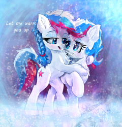 Size: 1548x1614 | Tagged: safe, artist:xbi, imported from derpibooru, oc, oc only, oc:marussia, pony, braid, breath, chest fluff, cute, cyrillic, duo, hug, nation ponies, ponified, russia, russian, snow, winter