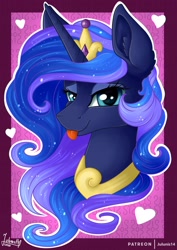 Size: 1600x2264 | Tagged: safe, artist:julunis14, imported from derpibooru, princess luna, alicorn, pony, accessory swap, alternate hairstyle, bedroom eyes, clothes, cosplay, costume, crown, ear fluff, hearts and hooves day, holiday, jewelry, looking at you, mane swap, necklace, regalia, tongue out