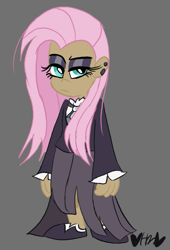 Size: 545x800 | Tagged: safe, artist:mirabuncupcakes15, imported from derpibooru, fluttershy, human, black background, clothes, dark skin, dress, ear piercing, earring, eyeshadow, female, flats, fluttergoth, humanized, jewelry, long skirt, makeup, piercing, shirt, shoes, simple background, skirt, socks, solo