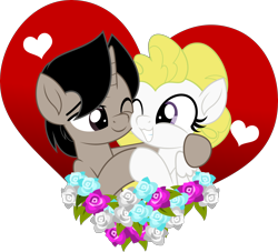 Size: 5000x4545 | Tagged: safe, artist:jhayarr23, imported from derpibooru, surprise, oc, oc:archooves, pegasus, unicorn, archrise, canon x oc, female, flower, heart, holiday, hug, male, mare, shipping, simple background, stallion, straight, transparent background, valentine's day, ych result