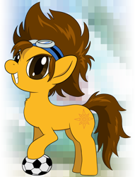 Size: 1908x2500 | Tagged: safe, artist:underwoodart, imported from derpibooru, earth pony, pony, series:digiponies, confident, digimon, fluffy, football, goggles, grin, hoofball, ponified, simple background, smiling, sports, tai, tai kamiya, transparent background