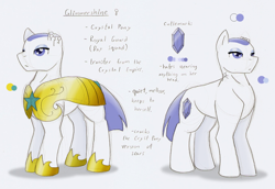 Size: 1350x929 | Tagged: safe, artist:ravenpuff, imported from derpibooru, oc, oc only, oc:glimmershine, crystal pony, pony, armor, duo, female, frown, hoof shoes, mare, reference sheet, royal guard, text, torn ear