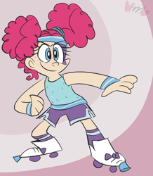 Size: 698x800 | Tagged: safe, artist:mirabuncupcakes15, imported from derpibooru, pinkie pie, human, alternate hairstyle, clothes, confident, costume, face paint, female, humanized, makeup, nightmare night costume, pinkie puffs, roller skates, shorts, smiling, smirk, socks, solo, striped socks, sweatband, tanktop, tomboy