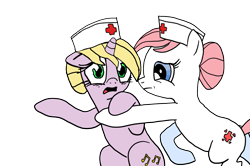 Size: 1899x1262 | Tagged: safe, artist:anon3mous1, imported from derpibooru, nurse redheart, oc, oc:soothing melody, earth pony, pony, unicorn, fanfic:trust once lost, concerned, duo, female, hat, hoof hold, mare, nurse, nurse hat, pointing, scared, simple background, transparent background