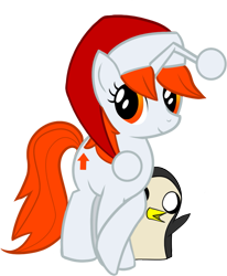 Size: 743x900 | Tagged: safe, artist:undead-niklos, imported from derpibooru, oc, oc:karma, pony, unicorn, adventure time, christmas, crossed legs, cutie mark, female, gunther, hat, holiday, mare, ponified, reddit, santa hat, simple background, transparent background, upvote, vector, waving