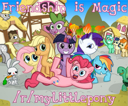 Size: 619x516 | Tagged: safe, artist:leidenpierce, imported from derpibooru, angel bunny, applejack, bon bon, carrot top, derpy hooves, doctor whooves, fluttershy, golden harvest, lyra heartstrings, pinkie pie, rainbow dash, rarity, spike, sweetie drops, tank, time turner, twilight sparkle, dragon, earth pony, pegasus, pony, unicorn, advertisement, carrot, food, mane seven, mane six, ponyville, reddit