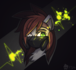 Size: 2700x2500 | Tagged: safe, artist:freak-side, imported from derpibooru, oc, oc only, oc:freak-side, cyborg, earth pony, pony, female, glow, glowing, half-face gas mask, half-face respirator, light, neon, r63 oc, respirator, rule 63, solo