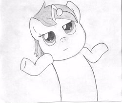 Size: 2550x2146 | Tagged: safe, artist:beerpony, imported from derpibooru, oc, oc only, oc:apathia, pony, unicorn, black and white, deadpan, female, grayscale, mare, monochrome, reddit, shrug, shrugpony, simple background, traditional art